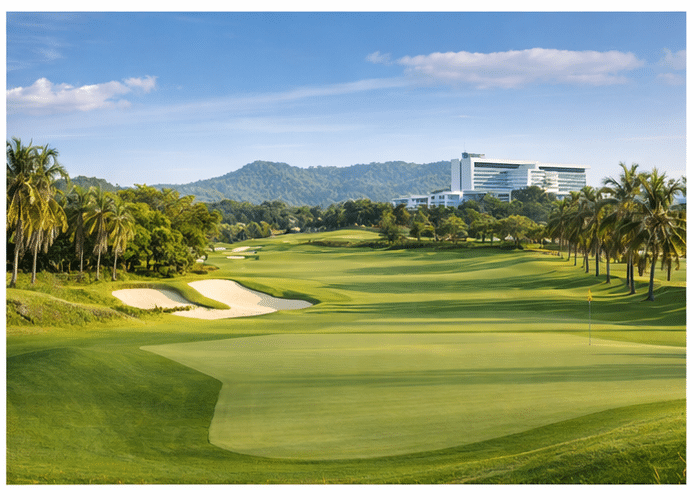 Burapha Golf Club landscape with palm-lined fairways, water features, and green hills in the distance.