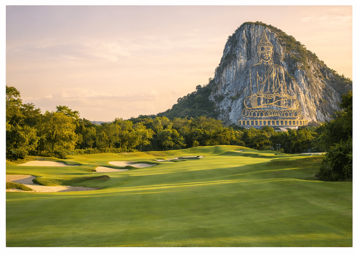 Chee Chan Golf Resort fairway with the Chee Chan Buddha mountain carving towering in the background.