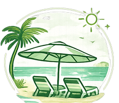 Icon of beach loungers under an umbrella with palm tree and ocean, representing Pattaya’s coastal relaxation.