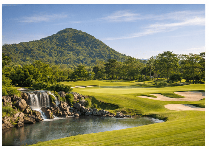 Wide view of Laem Chabang International golf course with water hazards, rolling fairways, and mountain scenery.