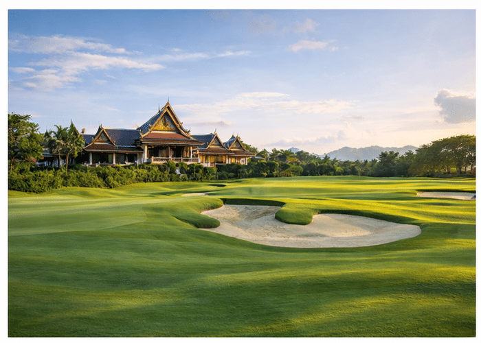 Wide view of Laem Chabang International golf course with water hazards, rolling fairways, and mountain scenery.