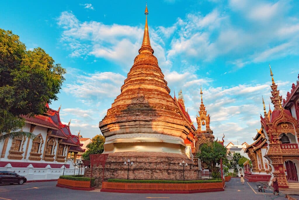 Historic temple under blue sky in Chiang Mai Thailand