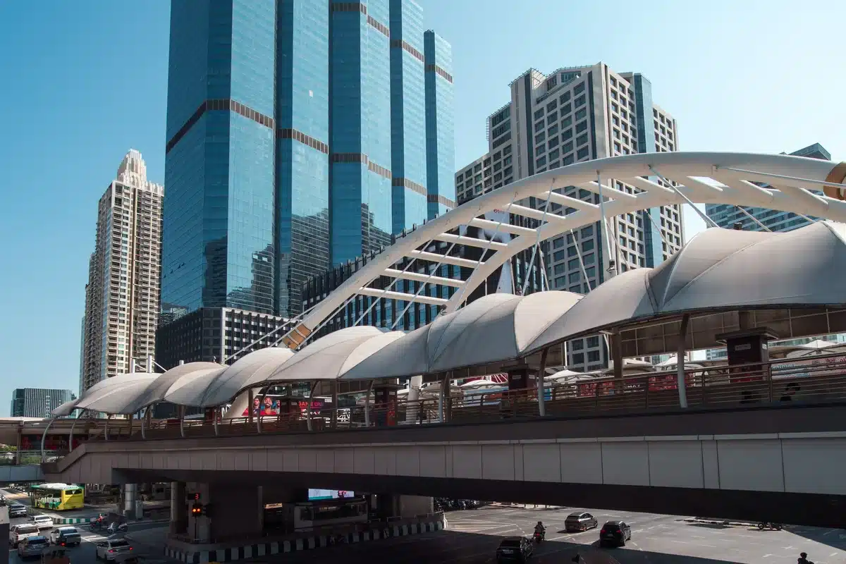 Skywalk and glass office towers in the Silom-Sathorn business district, Bangkok