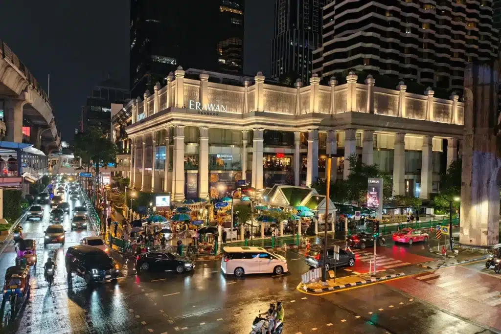 Erawan Shrine and traffic at night in central Bangkok