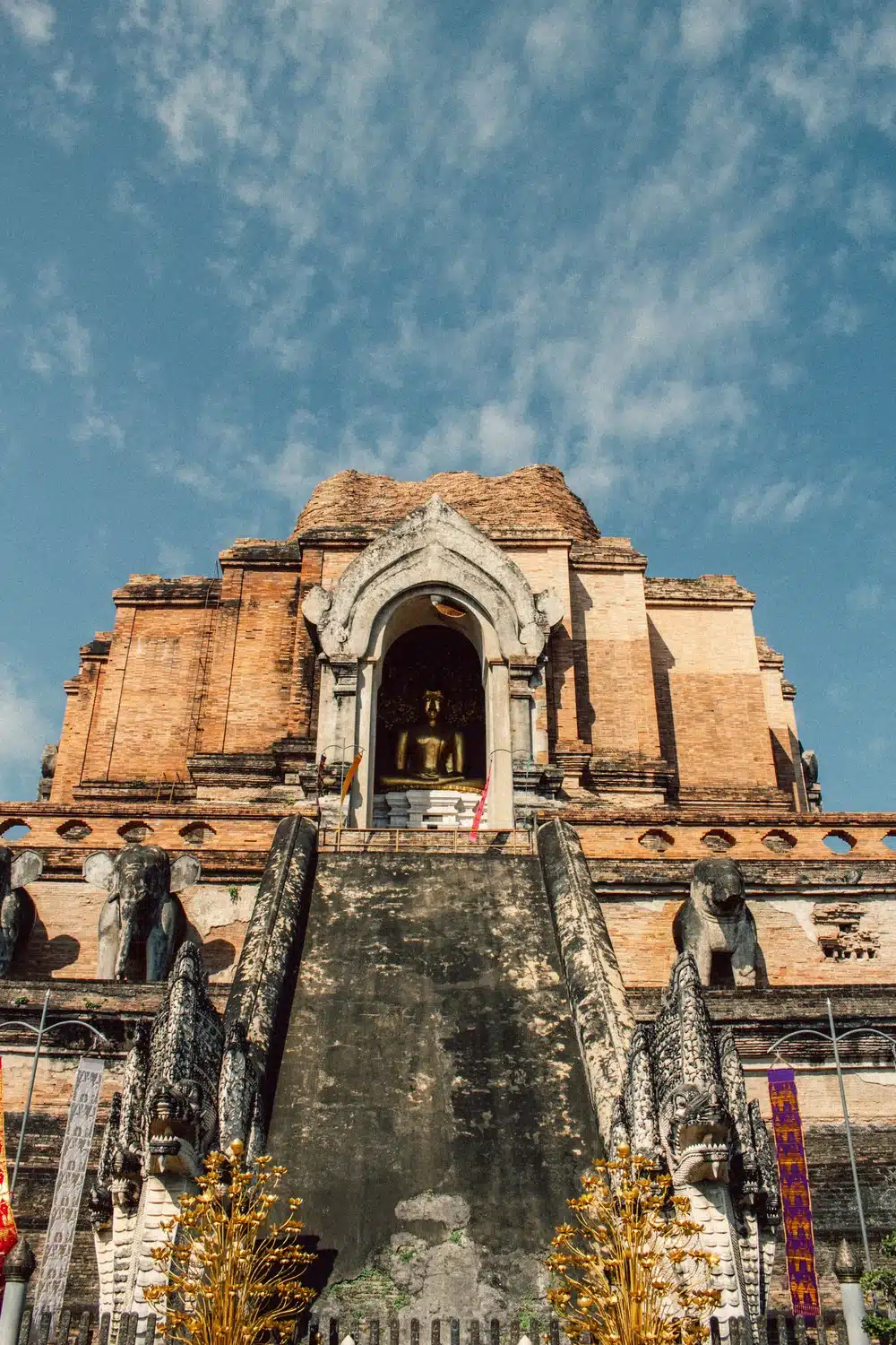 Wat Chedi Luang temple in Chiang Mai with ancient elephant statues